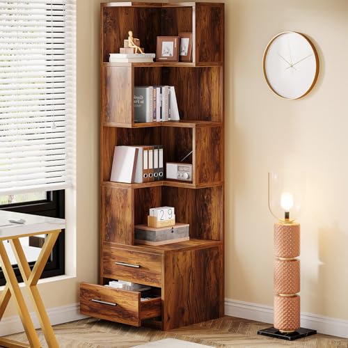 Tribesigns 5-Tier Corner Bookshelf with 2 Drawers, 66.9-Inch Tall Corner Bookcase Shelf, Mid-Century Modern Corner Storage Cabinet Display Rack Shelf for Living Room, Home Office (Rustic Brown) - color: Rustic Brown