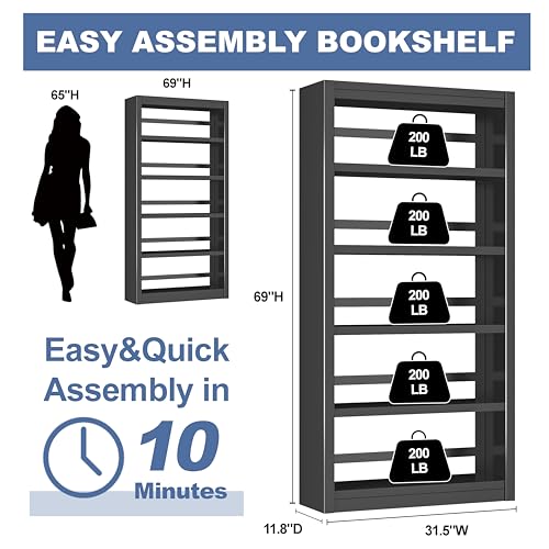 5-Tier Metal Bookshelf, 69″ Heavy-Duty Bookcase, Adjustable Sturdy Shelves - color: Black, size: 31.5"W
