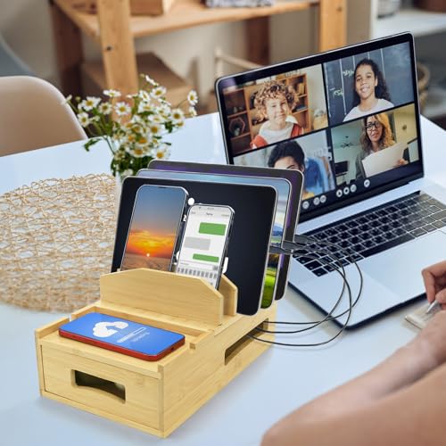 ZOOFOX Bamboo Charging Station for Multiple Devices, Desk Docking Station with Removable Divider Slots and Drawer, Bedside Charging Station Compatible with Smartphone, Tablet, Laptop, Earphone