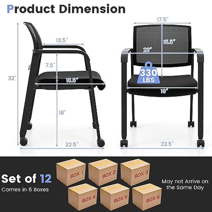 COSTWAY Stackable Office Guest Chairs Set of 12 with Wheels and Armrests | Conference Room Chairs with Mesh Backrest and Upholstered Seat, Ergonomic Waiting Room Chairs for Office Home Reception Area - size: 12 Pack, style: with Wheels