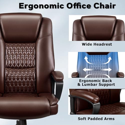 Office Chair, High Back Ergonomic Home Office Desk Chairs with Lumbar Support, Adjustable Big and Tall Computer Chair, 360° Swivel, PU Leather, Brown - color: Brown