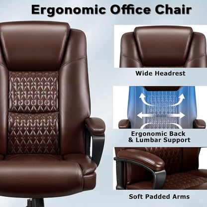Office Chair, High Back Ergonomic Home Office Desk Chairs with Lumbar Support, Adjustable Big and Tall Computer Chair, 360° Swivel, PU Leather, Brown - color: Brown