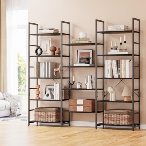 NUMENN Triple Wide 5-Tier Adjustable Bookshelf with 14 Shelves, Black | Metal Frame & Wood Shelves, Open Freestanding Storage Unit with Supporting Bars for Bedroom, Living Room and Home Office - color: Vintage, size: 6 Tier(V-shaped)