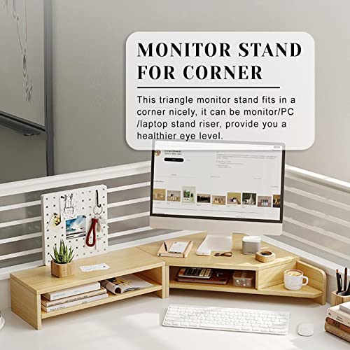 ROYUMI Double Layer Wooden Corner Monitor Stand, Monitor Riser for L Shaped Desk, Corner Laptop Stand with Slots, Space Saving Corner Desk Riser