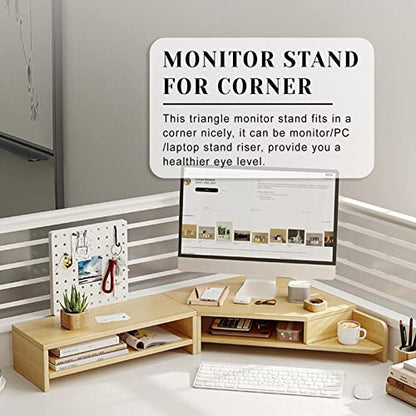 ROYUMI Double Layer Wooden Corner Monitor Stand, Monitor Riser for L Shaped Desk, Corner Laptop Stand with Slots, Space Saving Corner Desk Riser