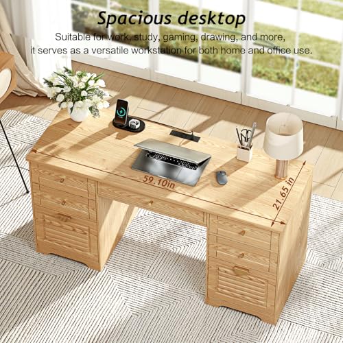 Ieejdn 59" Home Office Desks, Executive Desk, Farmhouse Computer Desk with 7 Drawers and Charging Station, File Drawer, Rustic Computer Writing Desk,Antique Wood - color: Wood, size: 59"
