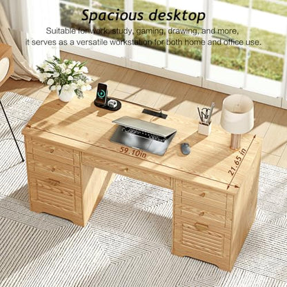 Ieejdn 59" Home Office Desks, Executive Desk, Farmhouse Computer Desk with 7 Drawers and Charging Station, File Drawer, Rustic Computer Writing Desk,Antique Wood - color: Wood, size: 59"