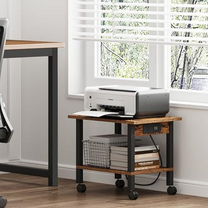 TUTOTAK Printer Stand, 2 Tier Rolling Printer Cart with Charging Station - color: Brown, size: 2 tier(18.9 x 13.4 x 15.4inchs)