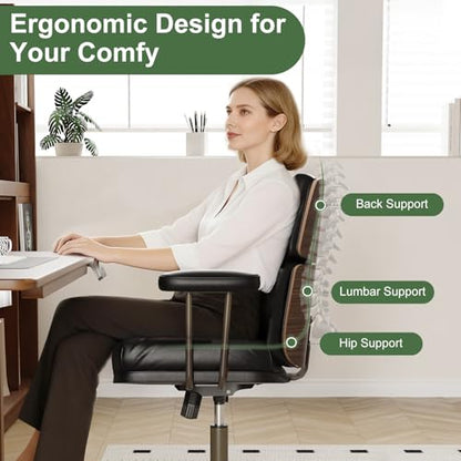Mid-Century Modern Ergonomic Office Chair, Mid Back & Tufted, Black | Faux Leather Executive Desk Chair, Walnut Bentwood Frame, Tufted Design, Swivel Computer Chair for Home Office, 300LBS Cap - color: Black, size: Mid Back Style