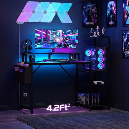 Apicizon 43 Inch Gaming Desk with LED Setup Style, Computer Desk with Storage Shelves & Monitor Stand, Reversible Workstation for Small Space, Home Office Desk Black - size: 43inch