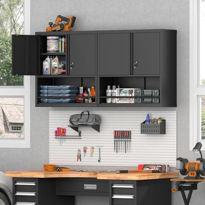Metal Garage Storage Cabinets, Lockable Black Cabinet, Tool Cabinets Storage Wall Mounted, Hanging Cabinet with Guard Bar for Home Office, Basement - color: 30.7"h - Black