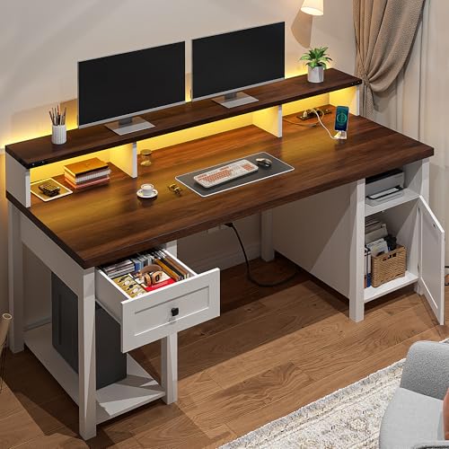 EnHomee 55" Farmhouse Writing Desk with Long Monitor Stand,Cabinet,Drawer | Sturdy Wooden Frame No Wobble,3AC+2USB for Multiple Devices,Farmhouse-style Classy Bedroom Aesthetic,White