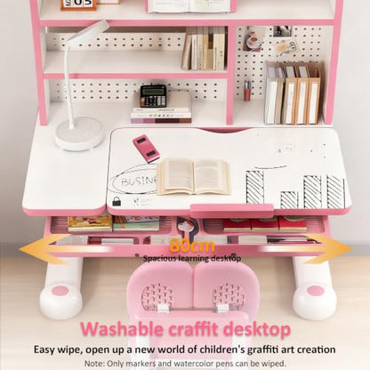 Kid Study Desk and Chair Set 3-12 Height Adjustable Ergonomic Desk | School Art Desk, 50° Tiltable Desktop, Easy-Turn Crank, Storage Drawer & Built-in Bookstand for Children Boys & Girls - color: 013-pink-31.5in