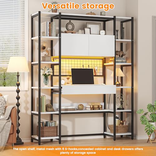 Triple Width 5 Tier Bookshelf with Sorage Cabinet,70.87"large Bookshelf with 12 Open Display Shelves,Industrial Bookshelf LED Lighting and Power Outlet.Suitable for Office Bedroom, Black+White - color: Black+white