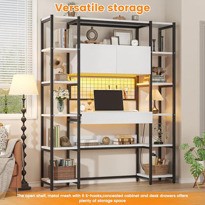 Triple Width 5 Tier Bookshelf with Sorage Cabinet,70.87"large Bookshelf with 12 Open Display Shelves,Industrial Bookshelf LED Lighting and Power Outlet.Suitable for Office Bedroom, Black+White - color: Black+white