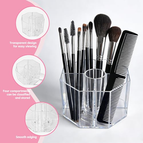 Acrylic Makeup Brush Holder, 360°Rotating Makeup Brush Organizer with 5 Grids, Clear Makeup Holder for Courtup, Bathroom Vanity Desktop Organizer (Rhombus) - size: Rhombus-6.5in