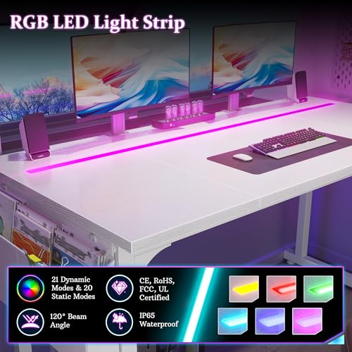 DurayLoly 55 Inch Computer Desk with Waterproof LED Lights for Bedroom - color: White, size: 55 Inch
