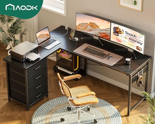 AODK 53" L Shaped Gaming Desk with 4 Drawers and Power Outlets, Black - color: Black, size: 53 Inch