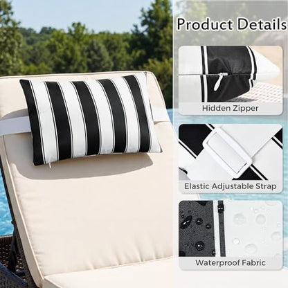 Outdoor Lounge Chair Headrest Pillow 16x11 Inch, Black Striped Waterproof Lumbar Pillows with Insert Adjustable Elastic Strap, Neck Attachment for Recliner Patio Beach Pool Office, 2 Pack - color: Black Striped