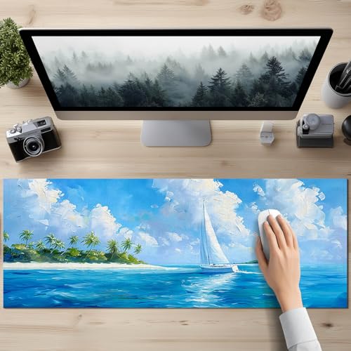 HOMETITUTE Large Mouse Pad 31.5x11.8 Inch Gaming Mousepad Blue Sea Island Art Non-Slip Keyboard Desktop Protector Mat XL Mouse Pad for Home Office Laptop Wireless Mice Accessories - color: Blue Sea Island Art