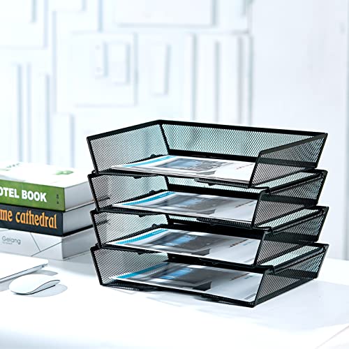 SETTFRFE 4 Tier Metal Letter Tray Desk Organizer-Stackable Paper Tray,Black | Desk Tray Organizer with Reinforced Edges,Stackable File Trays Organizers and Storage System for Office,School,Home