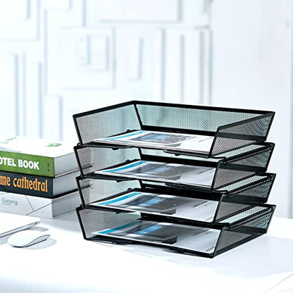 SETTFRFE 4 Tier Metal Letter Tray Desk Organizer-Stackable Paper Tray,Black | Desk Tray Organizer with Reinforced Edges,Stackable File Trays Organizers and Storage System for Office,School,Home
