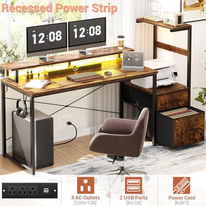 Aheaplus Gaming Desk with LED Strip & Power Outlet, 59Inch Reversible Computer Desk with Monitor Stand & Storage Shelves, Home Office Desks with Fabric File Drawer, Gamer Table PC Desk, Rustic Brown - color: Rustic Brown