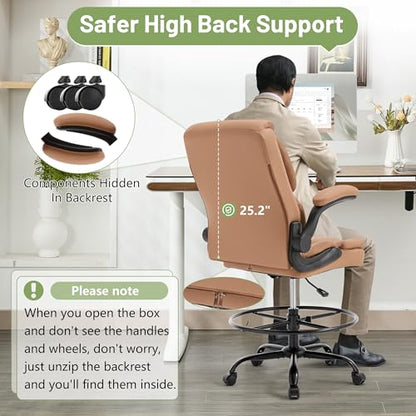 500LBS Drafting Chair, High Back Safer Standing Desk Chair, Executive Tall Office Chair with Flip-up Armrests, Upholstered PU Leather Task Chair, Ergonomic Seat with Adjustable Height&Foot Ring, Brown - color: Brown