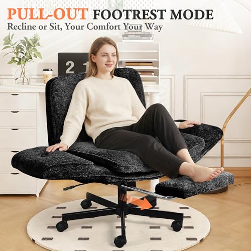 Criss Cross Chair with Footrest & 5 Level Folding Arms Full Relaxation, Wide Cross Legged Office Chair for Home Office, Comfy Swivel Desk Chair with Ottoman, Chenille Vanity Chair (Black) - color: Black, style: With Footrest