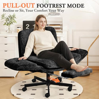 Criss Cross Chair with Footrest & 5 Level Folding Arms Full Relaxation, Wide Cross Legged Office Chair for Home Office, Comfy Swivel Desk Chair with Ottoman, Chenille Vanity Chair (Black) - color: Black, style: With Footrest