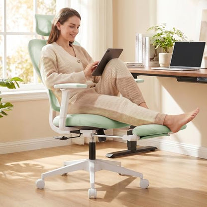 Ergonomic Office Chair with Footrest and Dynamic Lumbar Support, Green | Reclining high-back computer chair, memory foam seat, 2D armrests, 2D headrest, mesh desk chair for home office, long hours - color: Green
