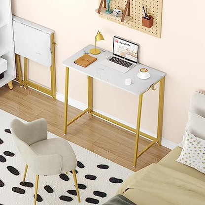 WOHOMO Folding Desk, 31.5" Foldable Computer Table for Small Spaces, Gold - color: White and Gold, size: Small Size:31.5 x 15.7