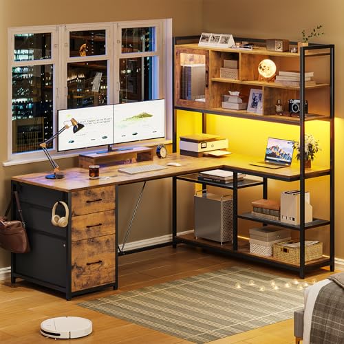 SEDETA 58'' L Shaped Computer Office Desk with 3 Drawers and Bookshelf - color: Rustic Brown