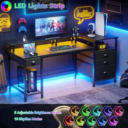 Furologee 60" Gaming Desk with 4 Drawers & LED Lights, Power Outlet, Black - color: Black, size: 60 Inch