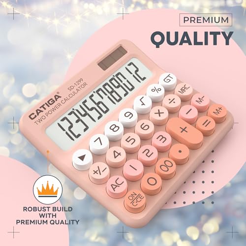 CATIGA Mechanical Switch Calculator with Solar and Battery Dual Power, 12-Digit Large LCD Display, Aesthetic and Cute Desktop Calculator with Big Button, for Home, School and Office Use, SD-1299 - color: Z) Peach