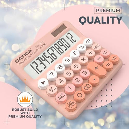 CATIGA Mechanical Switch Calculator with Solar and Battery Dual Power, 12-Digit Large LCD Display, Aesthetic and Cute Desktop Calculator with Big Button, for Home, School and Office Use, SD-1299 - color: Z) Peach