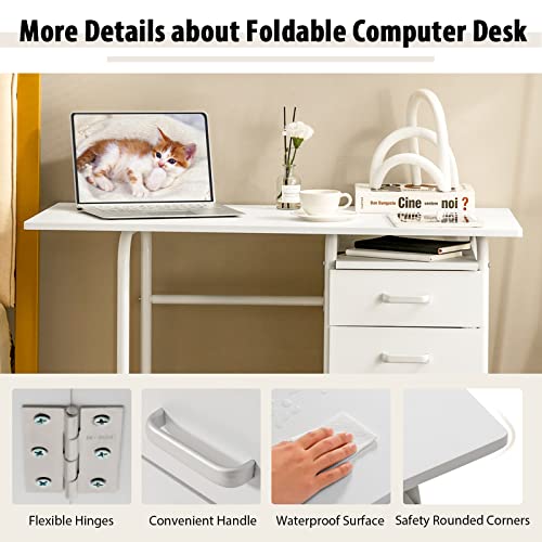 Tangkula White Folding Desk with 3 Drawers, Mobile Home Office Desk Study Writing Desk with Smooth Wheels, Space Saving Compact Table for Dorm Apartment, Rolling Couch Desk Table - color: White