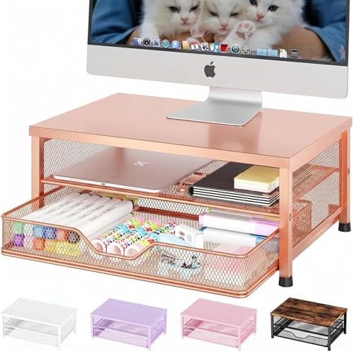 OPNICE Computer Monitor Stand Riser, Desk Organizer with Drawer, Printer & Laptop Stand, Office Desk Accessories & Workspace Desktop Organizers Storage for Office Supplies(Rose Gold) - color: Rose Gold, size: 14 x 9.1 x 5.6