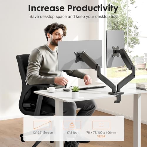 DUMOS Dual Monitor Mount for Desk, Gas Spring Monitor Arm for 2 Monitors Max 32 Inches, Fully Adjustable Double VESA Mount with C-Clamp/Grommet Base, Holds Screen 17.6 lbs - size: 1PCS