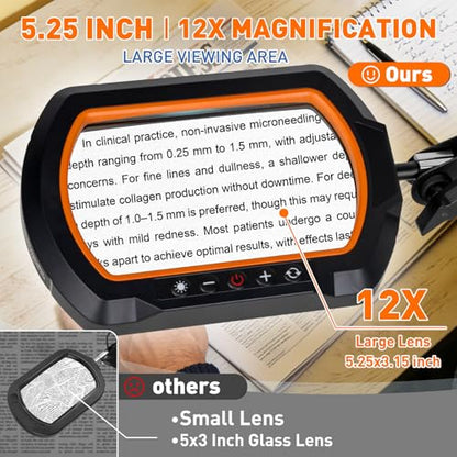 HITTI 12X Square Ultra Long Magnifying Glass with Light and Clamp - color: Yellow, size: 12X