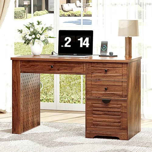 Ieejdn 47" Home Office Desks, Executive Desk, Farmhouse Computer Desk with Drawers and Charging Station, File Drawer, Storage Cabinet, Rustic Computer Writing Desk,Antique Brown - color: Brown, size: 47.24"