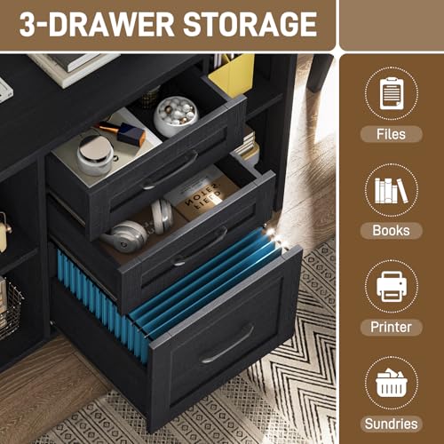 Vabches File Cabinet with 3 Drawers, Farmhouse Lateral File Cabinet Fits Files Letter/A4 Size, Wooden Filing Cabinet with Adjustable Shelves Printer Stand for Home Office, Black - color: Black