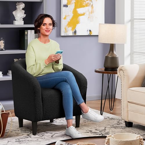 Yaheetech Sherpa Accent Chairs, Compact Furry Barrel Chairs with a Curved Silhouette for Small Spaces, Living Room, Bedroom, Black - color: Black (Boucle), style: without Ottoman