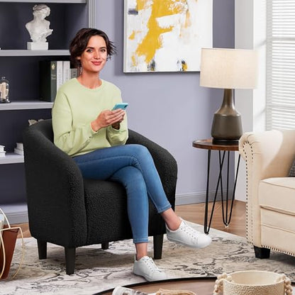 Yaheetech Sherpa Accent Chairs, Compact Furry Barrel Chairs with a Curved Silhouette for Small Spaces, Living Room, Bedroom, Black - color: Black (Boucle), style: without Ottoman