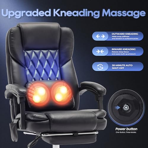 Massage Office Chair with Footrest, High Back Executive Chair, Ergonomic Desk Chair with Removable Pillow, 2 Lumbar Massage Points, Reclining, Leather Computer Chair, Black - color: Ocs10-black