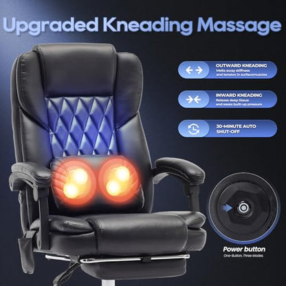 Massage Office Chair with Footrest, High Back Executive Chair, Ergonomic Desk Chair with Removable Pillow, 2 Lumbar Massage Points, Reclining, Leather Computer Chair, Black - color: Ocs10-black