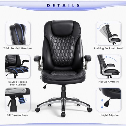 COLAMY Executive Office Chair-Ergonomic Computer Desk Chair, High Back Leather Chair with Padded Flip-up Arms, Swivel Home Office Chair, Black - color: Black, size: set of 1
