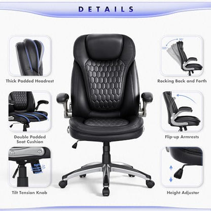 COLAMY Executive Office Chair-Ergonomic Computer Desk Chair, High Back Leather Chair with Padded Flip-up Arms, Swivel Home Office Chair, Black - color: Black, size: set of 1