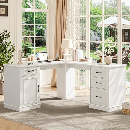 Vabches Farmhouse 59" L-Shaped Executive Desk with Drawers, Cream White - color: Cream White