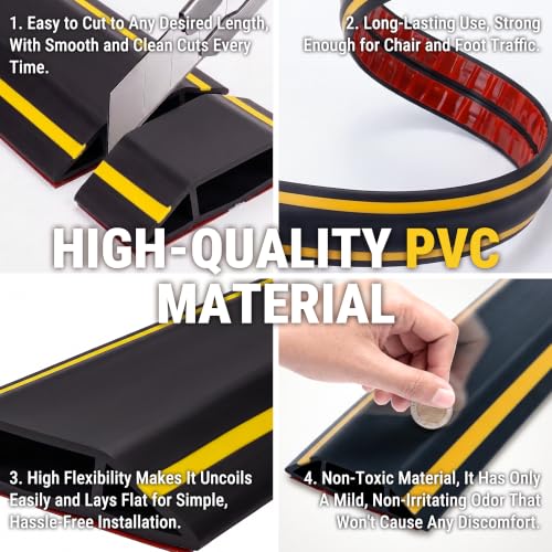 3-Channel 20ft Floor Cord Cover with Anti-Slip Base & Yellow Warning Strips - size: 20 FT Upgrade